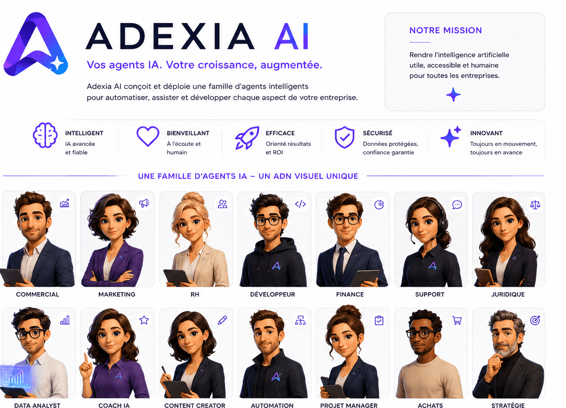 Adexia IA, plateforme de 50 agents IA pour TPE/PME — intelligent, bienveillant, efficace, sécurisé, innovant