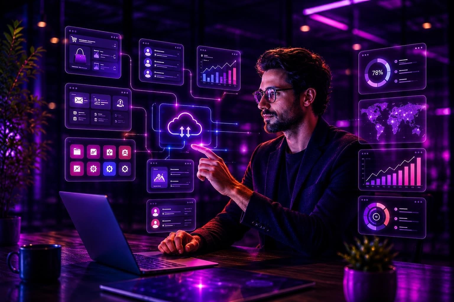 Professionnel consultant des tableaux de bord d'intelligence artificielle sur ordinateur portable