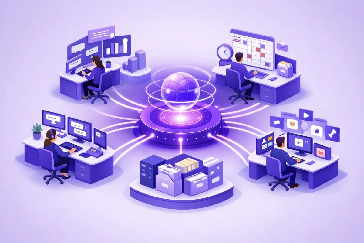 Illustration d'une équipe répartie en 5 pôles (support, données, planning, contenu, archives) connectés à un hub central orchestrant l'activité — représentation des 11 blocs métier Adexia IA